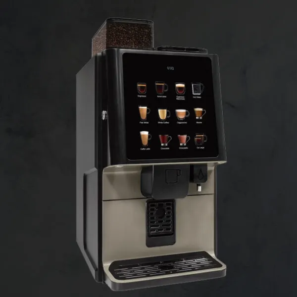 Ciao VX1 bean to cup machine angled, showing the bean hopper and drink screen