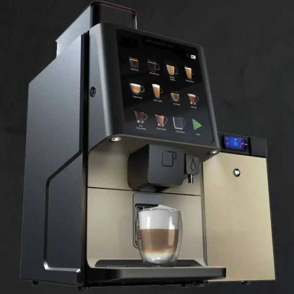 Ciao VX1 Milk bean to cup machine dispensing a layered latte beside its milk fridge