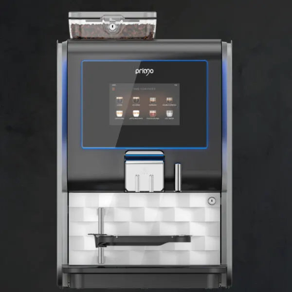 Ciao Prima commercial bean to cup machine with the bean hopper and drink screen