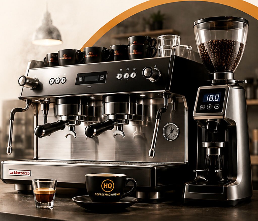 Commercial two-group espresso machine with grinder and Coffee Machine HQ cup